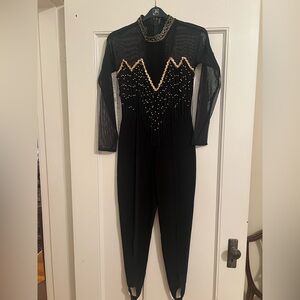 Vintage Black and Gold Jumpsuit with fringe and stirrups-S